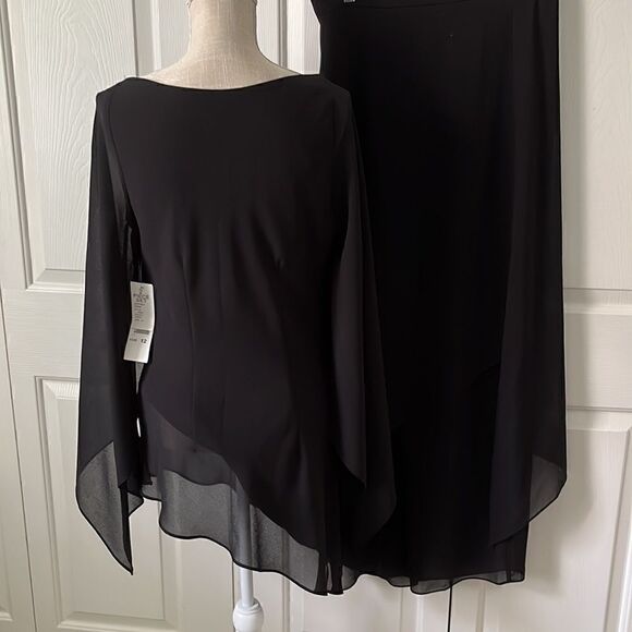 Jeffrey & Sara Evening By Tom Barra 2-Pc Black Sheer Wide Leg Skirt /Top Overlay - Picture 8 of 13